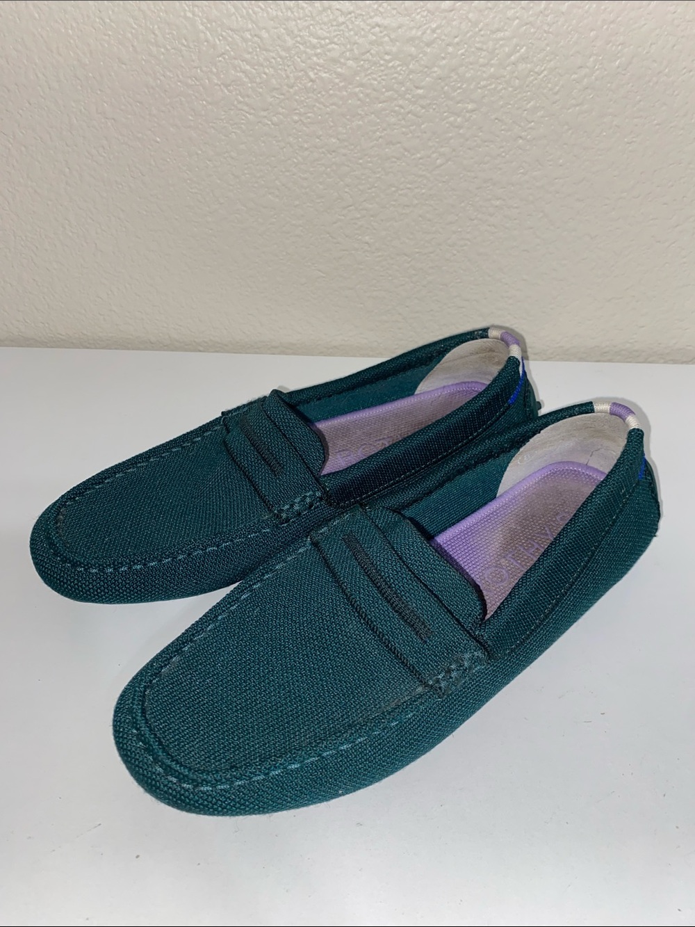 Rothy's Women’s Teal Knit Slip-On Penny Loafers with Purple Insole - Picture 3 of 3